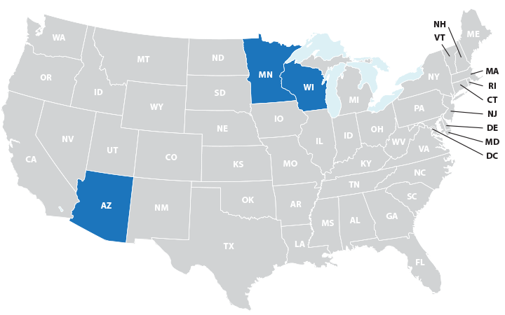 Arizona, Minnesota, Wisconsin on map