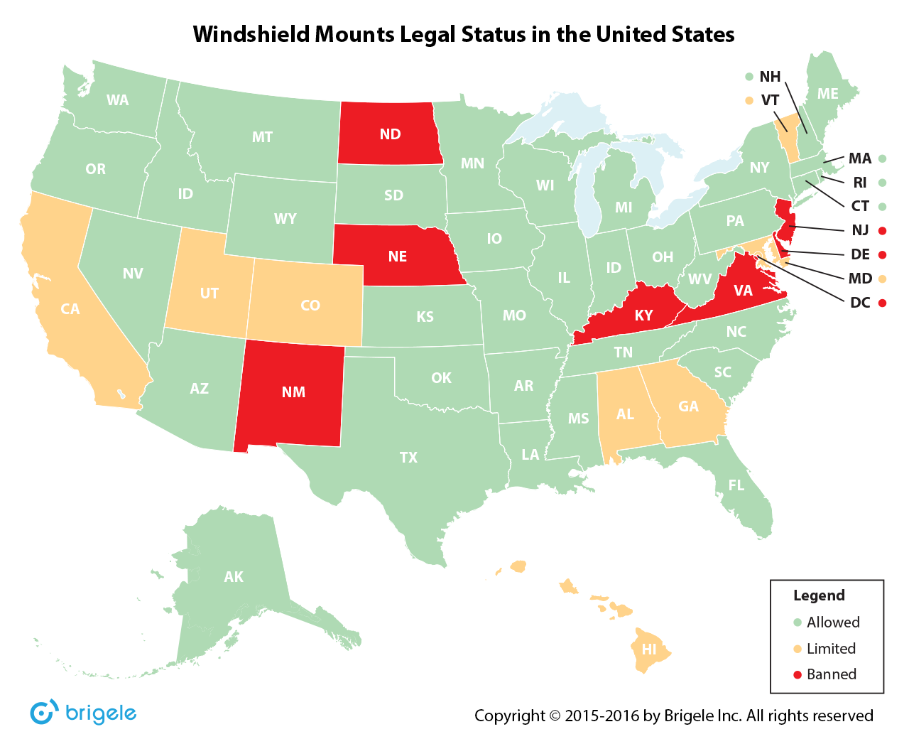 Windshield mounts legal status in the US - map
