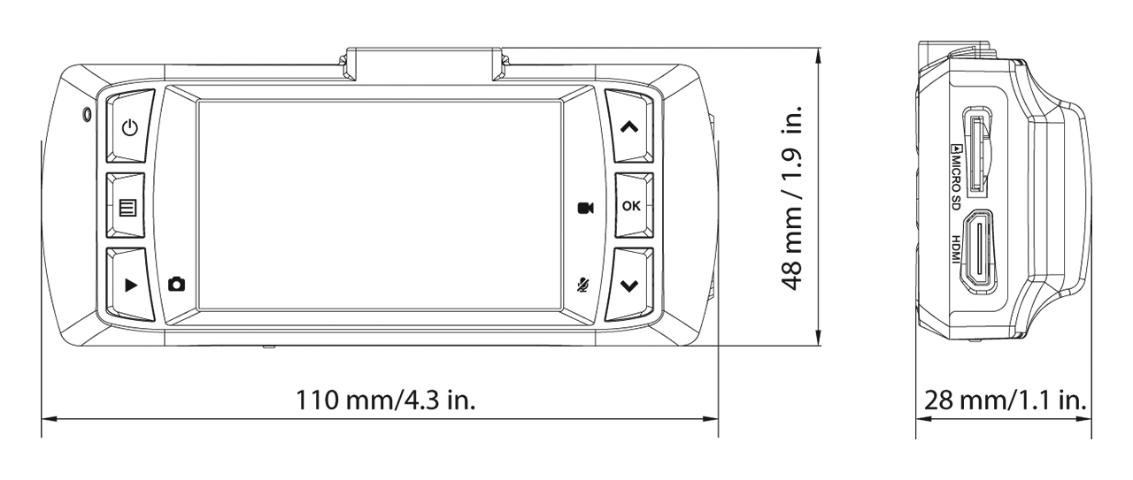 Brigele DR 2100 dash cam dimensions drawing